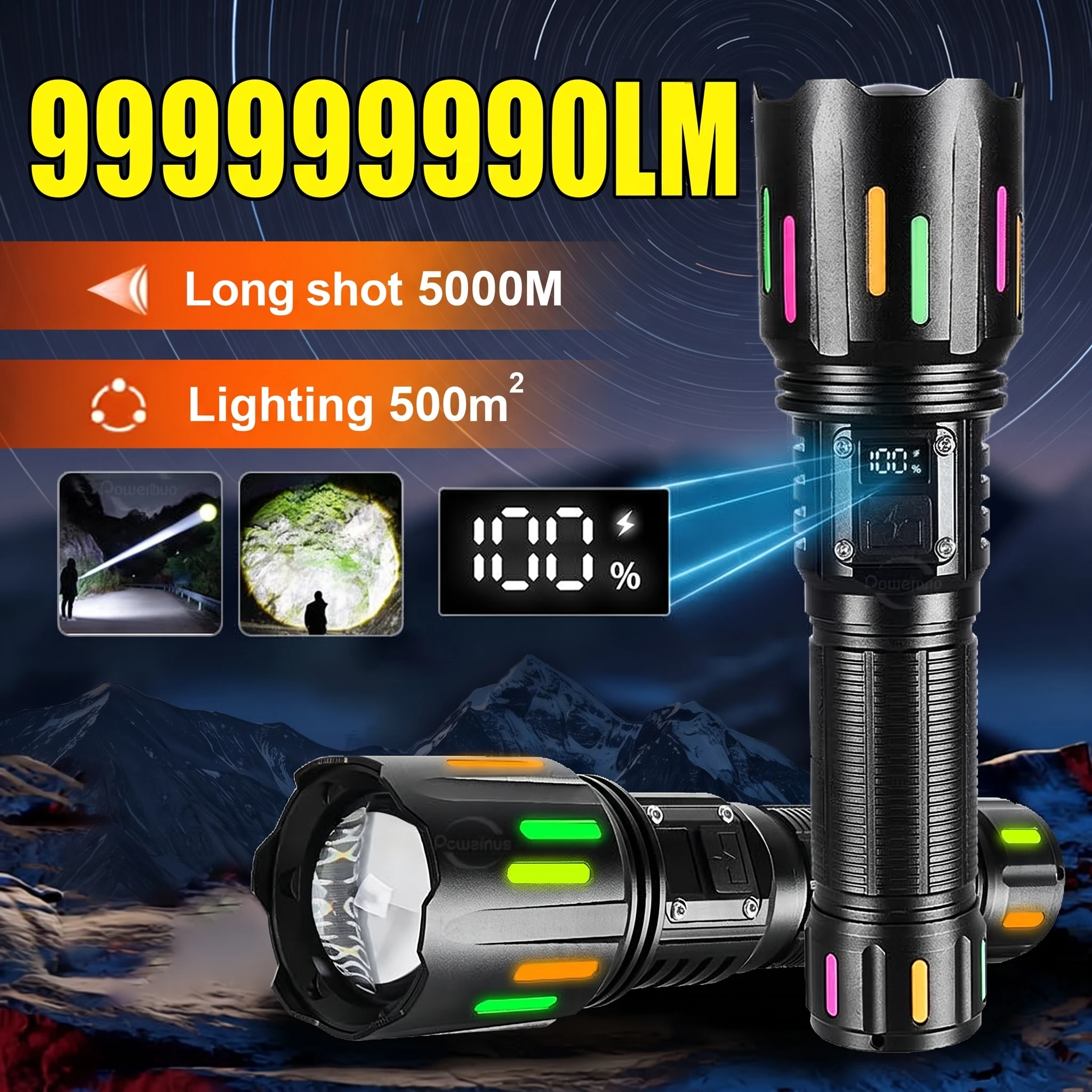 999999990LM Super Bright Flashlight LED Lantern Zoom Tactical Tourch Outdoor Lights For Fishing Portable Waterproof Rechargeable