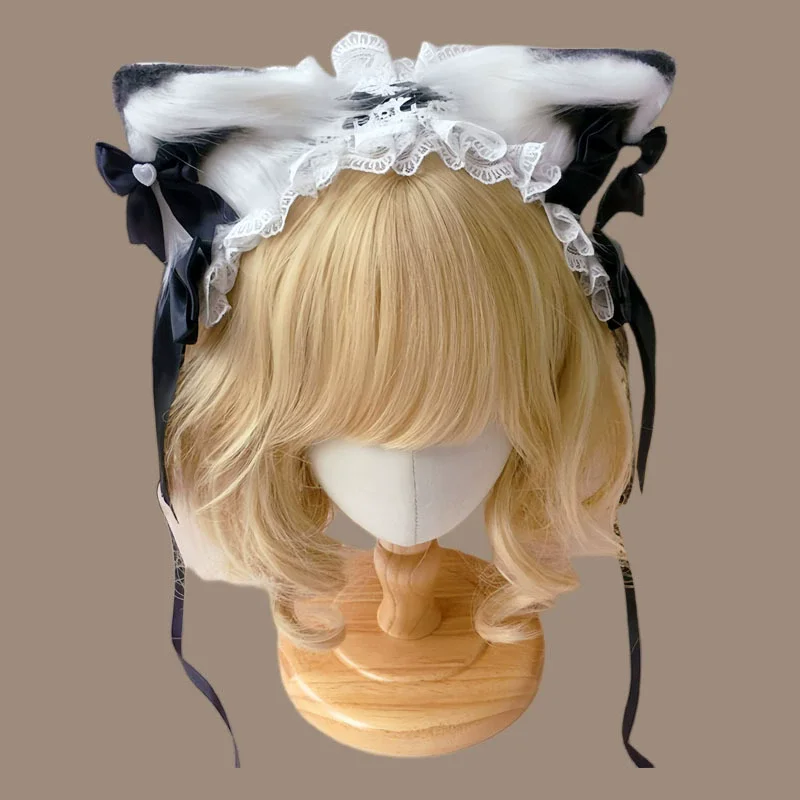 Słodkie Pluszowe Kocie Uszy Lolita Koronkowa Opaska Wstążka Kokarda Cosplay Falbankowa Opaska Akcesoria do Włosów Jk Spinki Maskarada Nakrycie Głowy