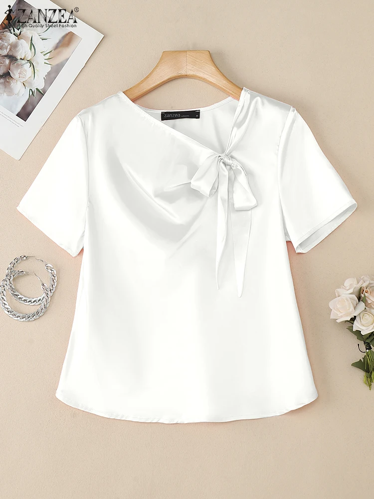 ZANZEA Stylish Asymmetric Neckline Satin Blouses Women Elegant Bow Detail Short Sleeve Blusas Mujer 2025 Summer Party Solid Tops