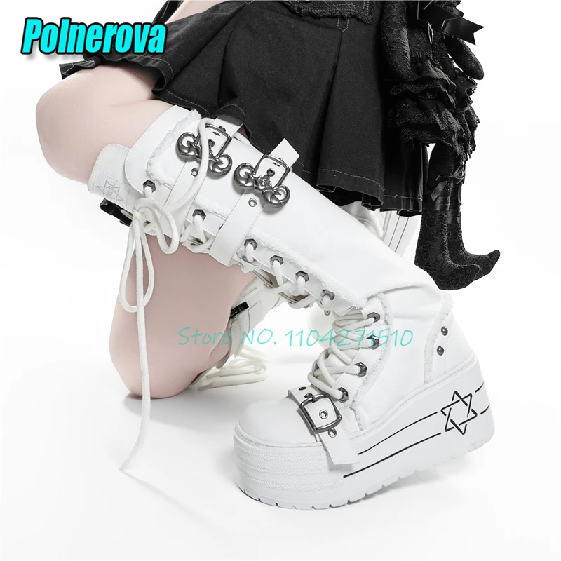 

Нишевый дизайн, сапоги до колена на массивной платформе, высокие сапоги до колена в стиле панк с металлической пряжкой, увеличивающие рост, на шнуровке, модная однотонная женская обувь