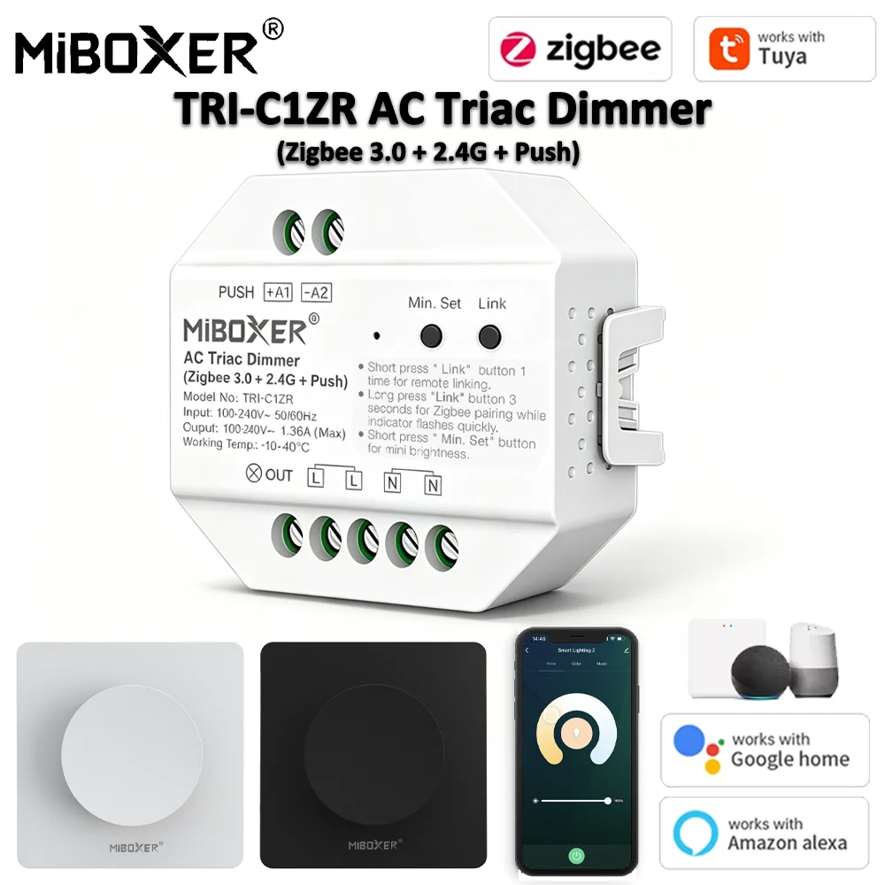 MiBoxer Tuya Zigbee AC Triac Dimmer RF Push Dimmer 110V-220V 300W App/Sprachsteuerung/2.4G RF-Fernbedienung für LED-Lampenstreifen für Alexa