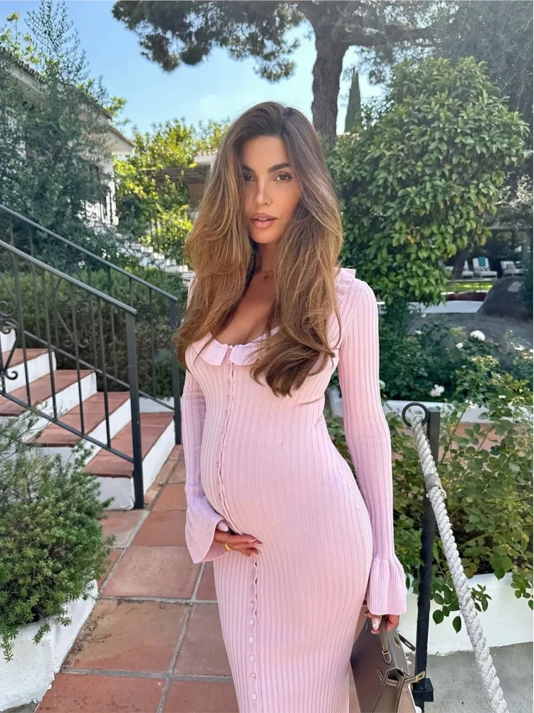 Robe plissée tricotée rose pour femmes, Chic, élégante, bord à volants, simple boutonnage, manches longues, Slim, mi-longue, nouvelle collection automne 2025