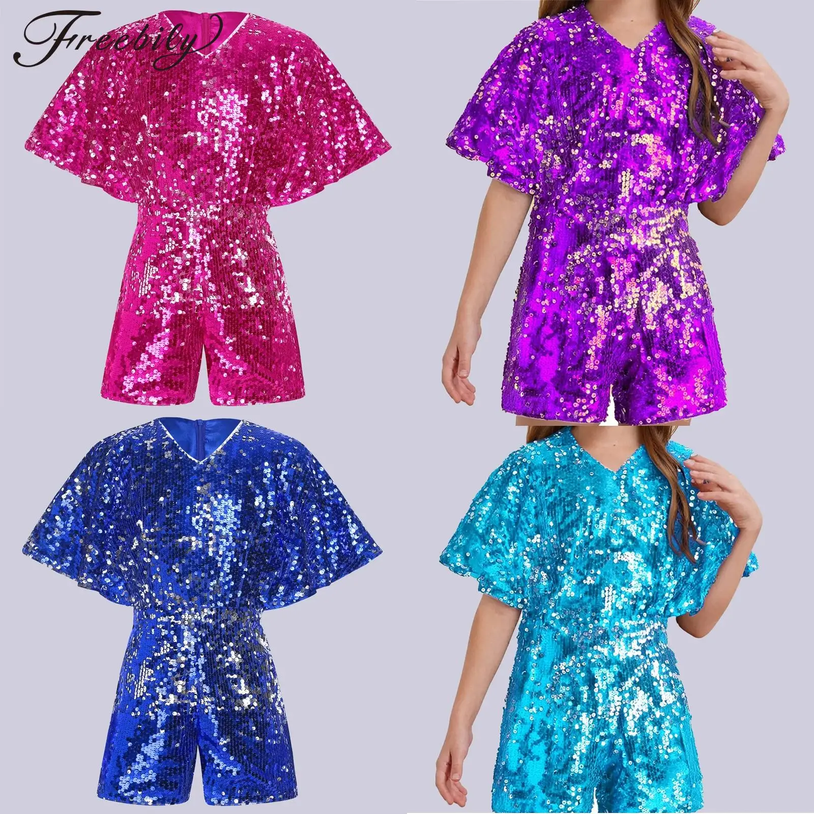 

Girls Jazz Dance Costume Hip Hop Clothes Sparkling Sequins Unitards Jumpsuit Cap Sleeve Bodysuit Performance Streetwear Fashion
