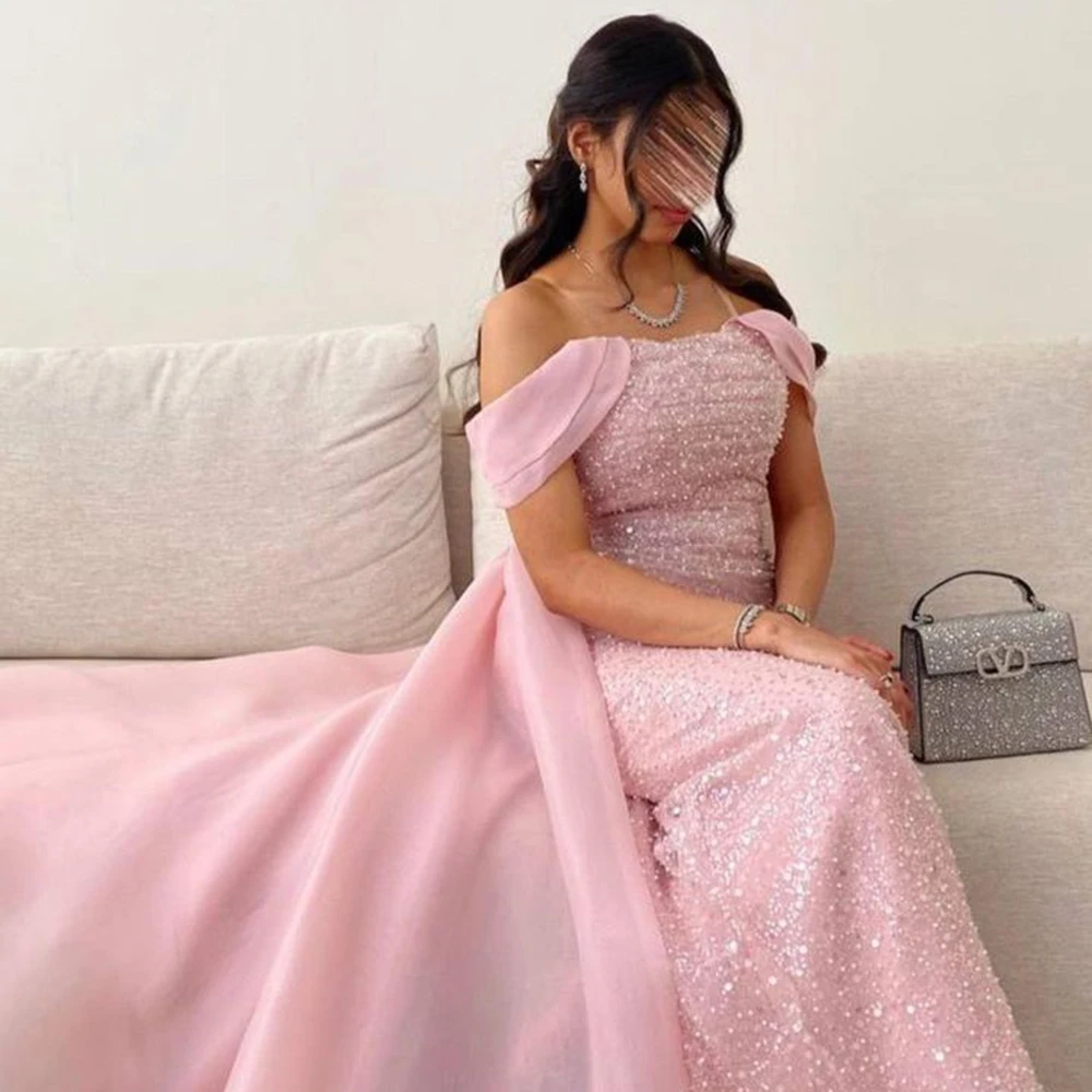 

Jiayigong elegant Pink Bow Chiffon Sweep Train Prom Dresses Off the shoulder Sequined ornament Sleeveless Weeding Guest Dresses