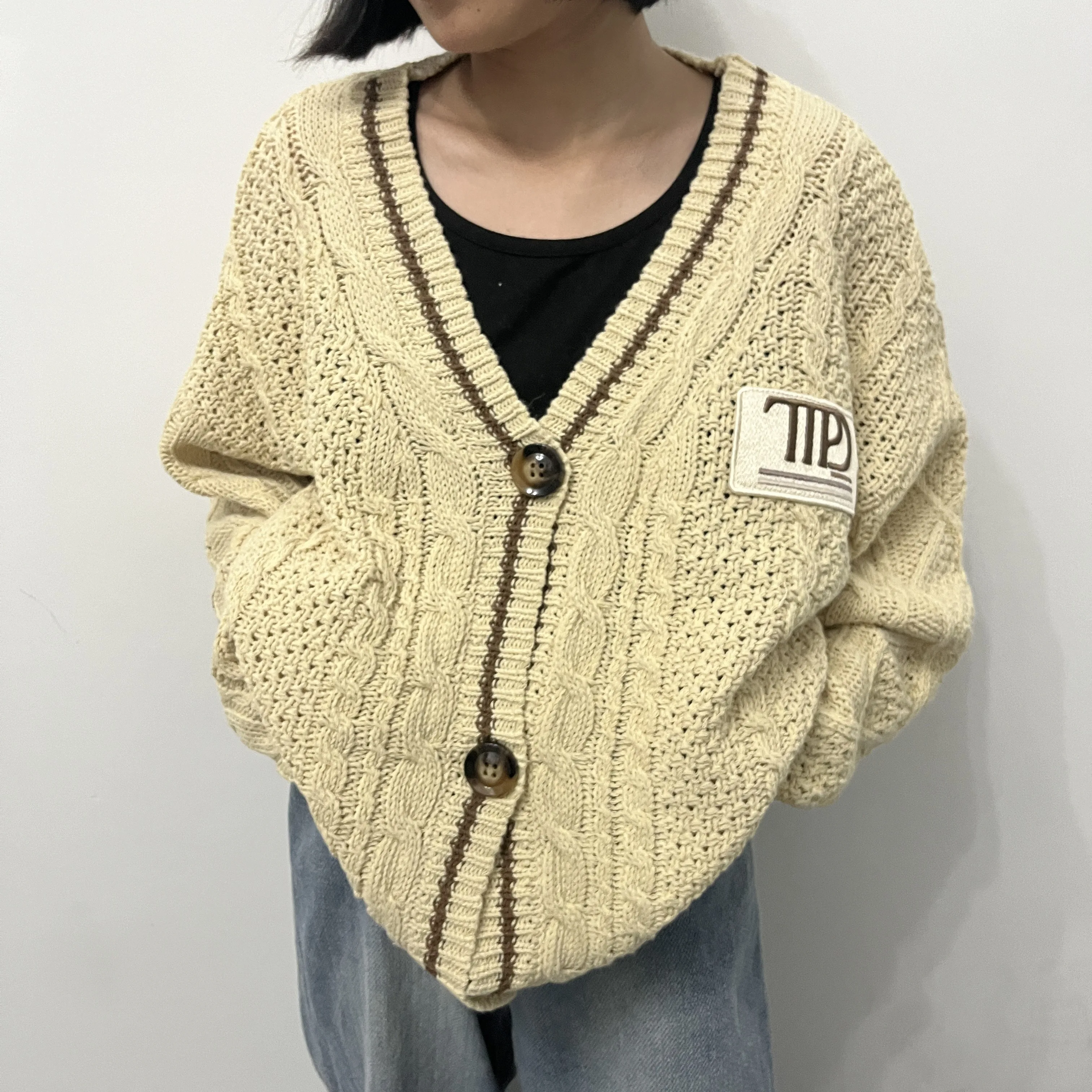 Autumn Fashion Star Embroidered Khaki Knitted Cardigan Women Sweater Y2k Winter Warm  Loose Fit Long Sleeves Holiday Cardigan