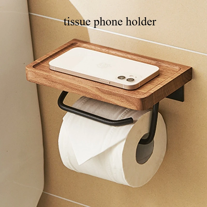 

Black Walnut Toilet Paper Holder - Solid Wood Bathroom Tissue Dispenser with Phone Shelf, Wall Mounted Creative Organizer
