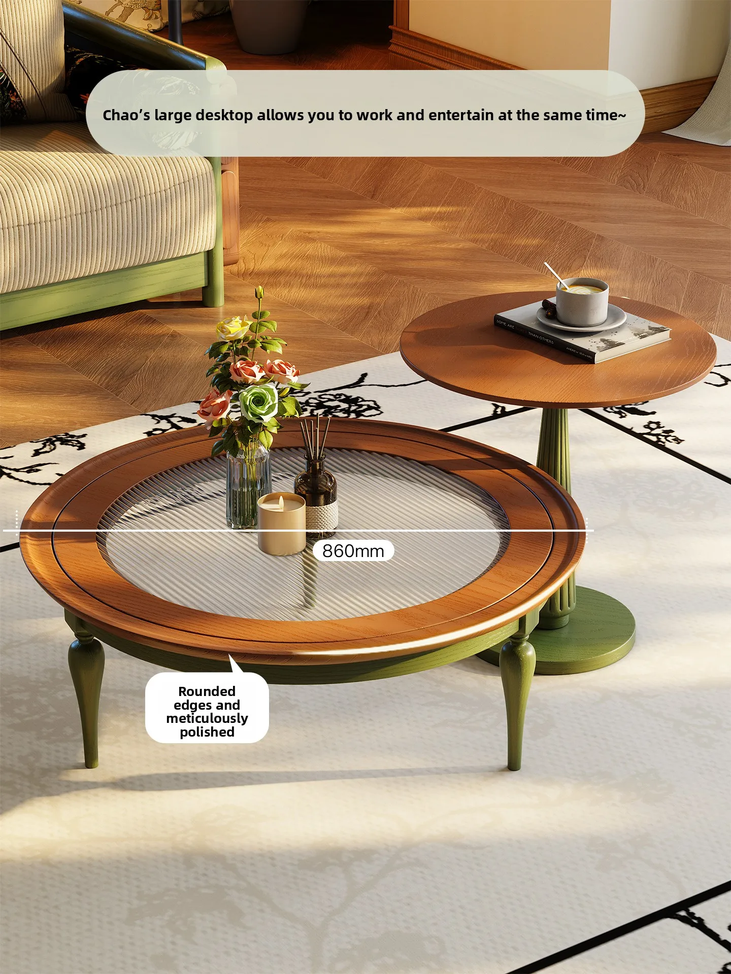 طاولة قهوة فرنسية قديمة لغرفة المعيشة، شقة صغيرة من الخشب الصلب، زجاج مستدير، متوسط الحجم، طاولة قهوة للحديقة، طاولة جانبية #2