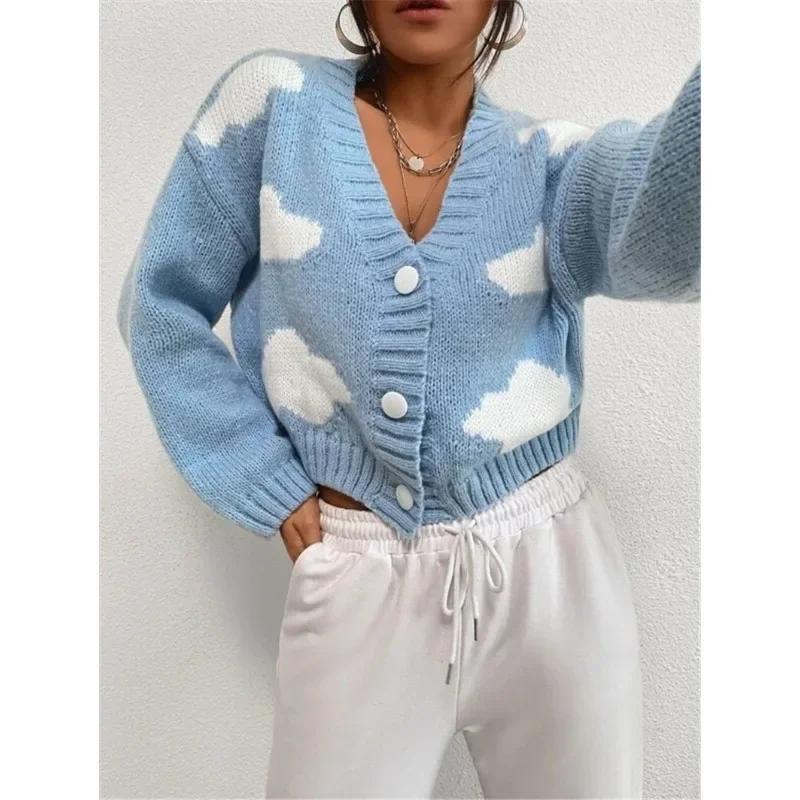 Autumn Women's Casual Loose V-neck Cloud Long Sleeve Knit Cardigan Temperament Commuting Women Fashion Sweater Coat Crop Jacket