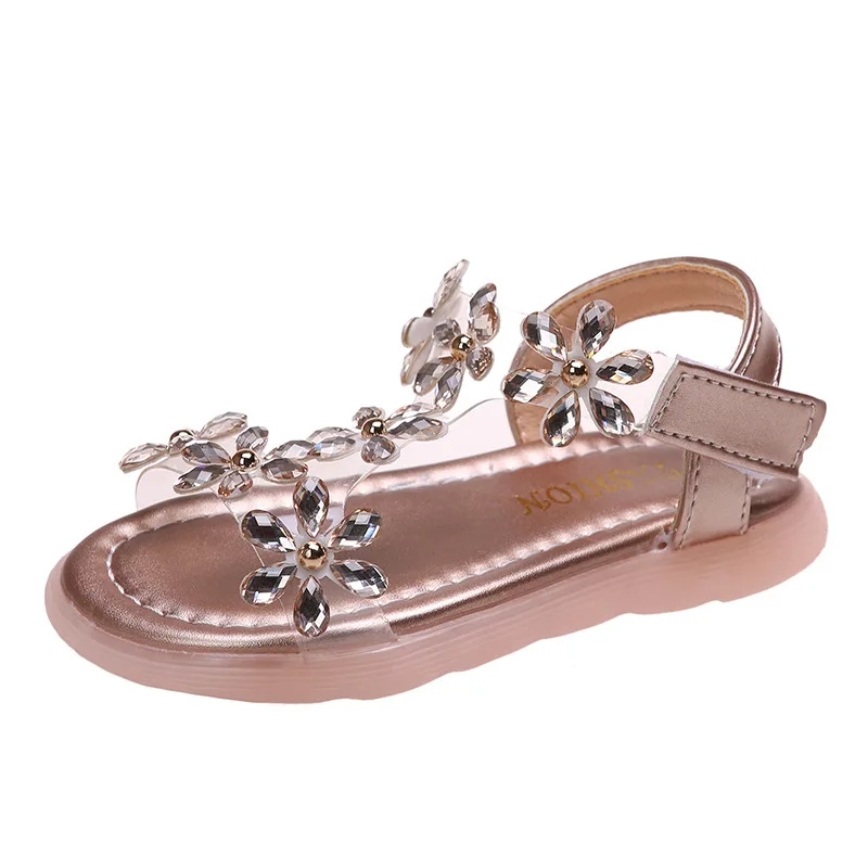 Baby Girl Sandals Crystal Bling Diamond Flower Princess Dance Shoes 2021 Summer Small Big Kids Party Shoes1-3-4-6-7-12 Years Old