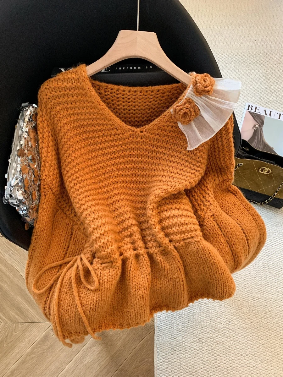 

Ele V-Ne Knitted Sweater Women's Spring Autumn Winter Design Belted Waist Lazy Overhead Sweater Korean Sle Commute