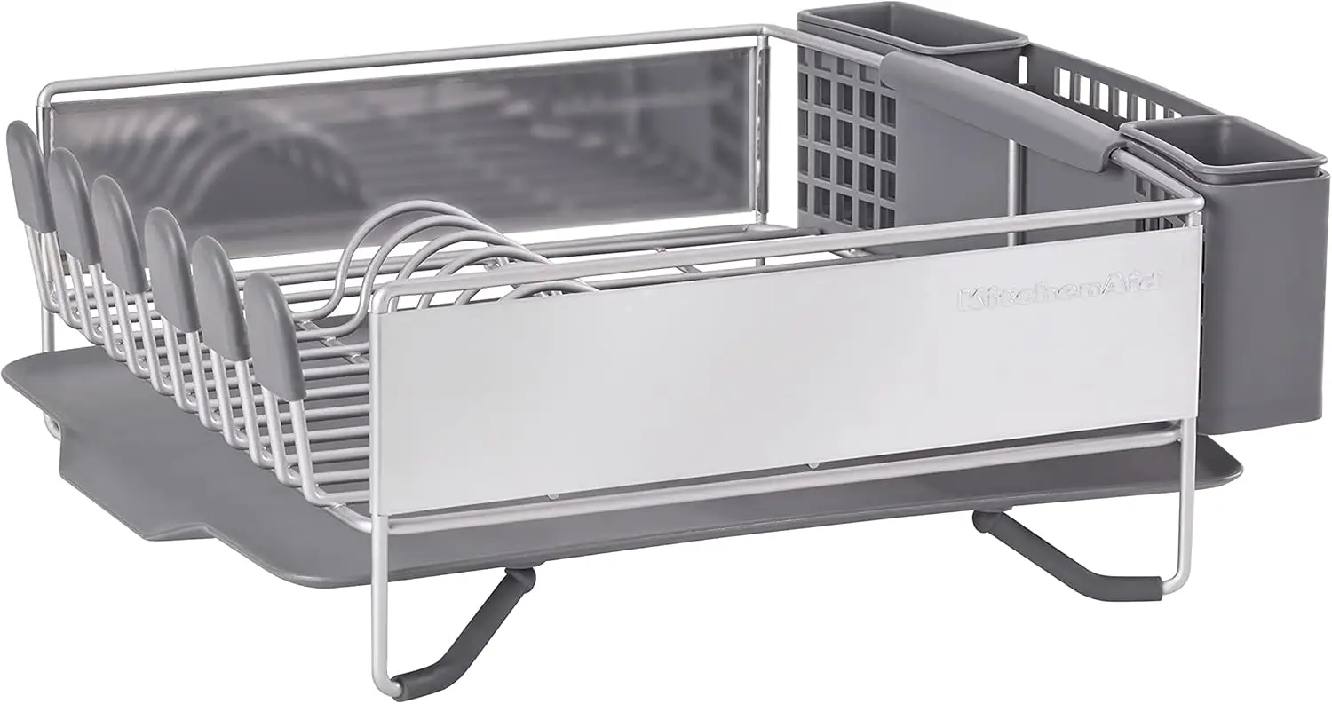 

Space Saving, Dish Rack With Removable Flatware Caddy And Angled Self Draining Drainboard, Satin Gray, 15-Inc