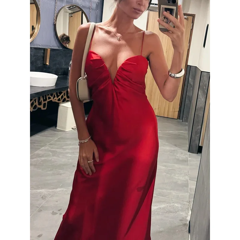 

Women's Sexy Red Satin Backless Suspender Dress Sweetheart Neck Midi Summer Vacation Fashion Party Outfit