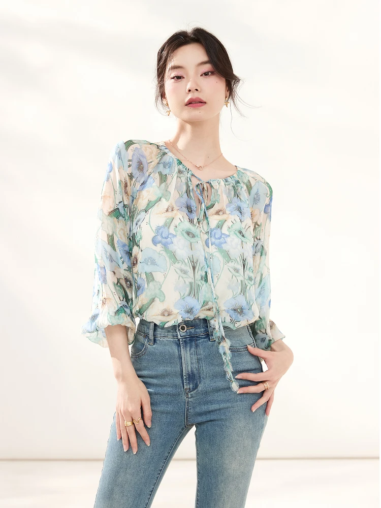 

Шелковая блузка с цветочным принтом и V-образным вырезом, женская, модная, весна-лето, новый дизайн, прямой крой, с присборенным подолом, с поясом