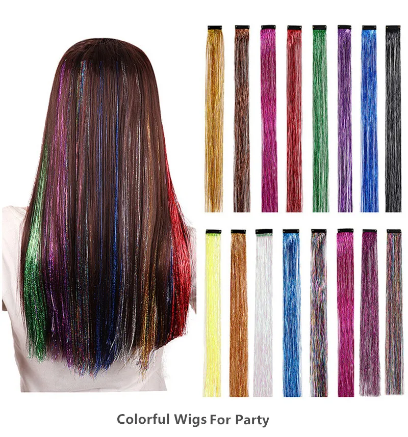 Lolita Synthetic Wig with Golden Laser Threads And BB Clips Colorful Dazzling Metallic Wefts Women's Hair Wig for Cosplay Party