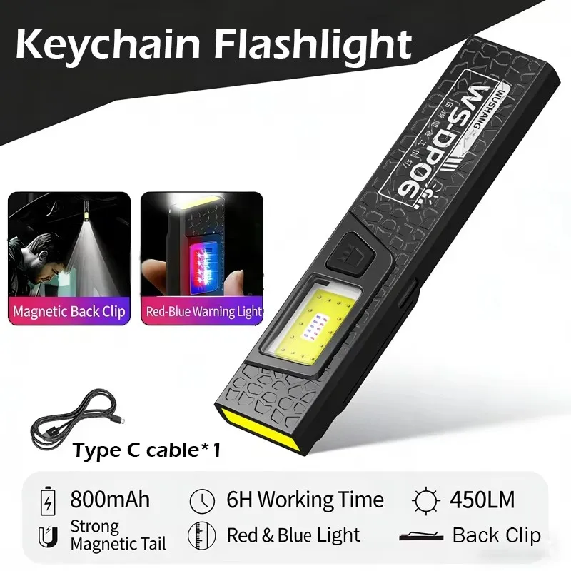 Mini COB LED-zaklamp USB C Oplaadbare krachtige werklamp met clipmagneet Waterdichte EDC Camping Wandelen Zaklamp