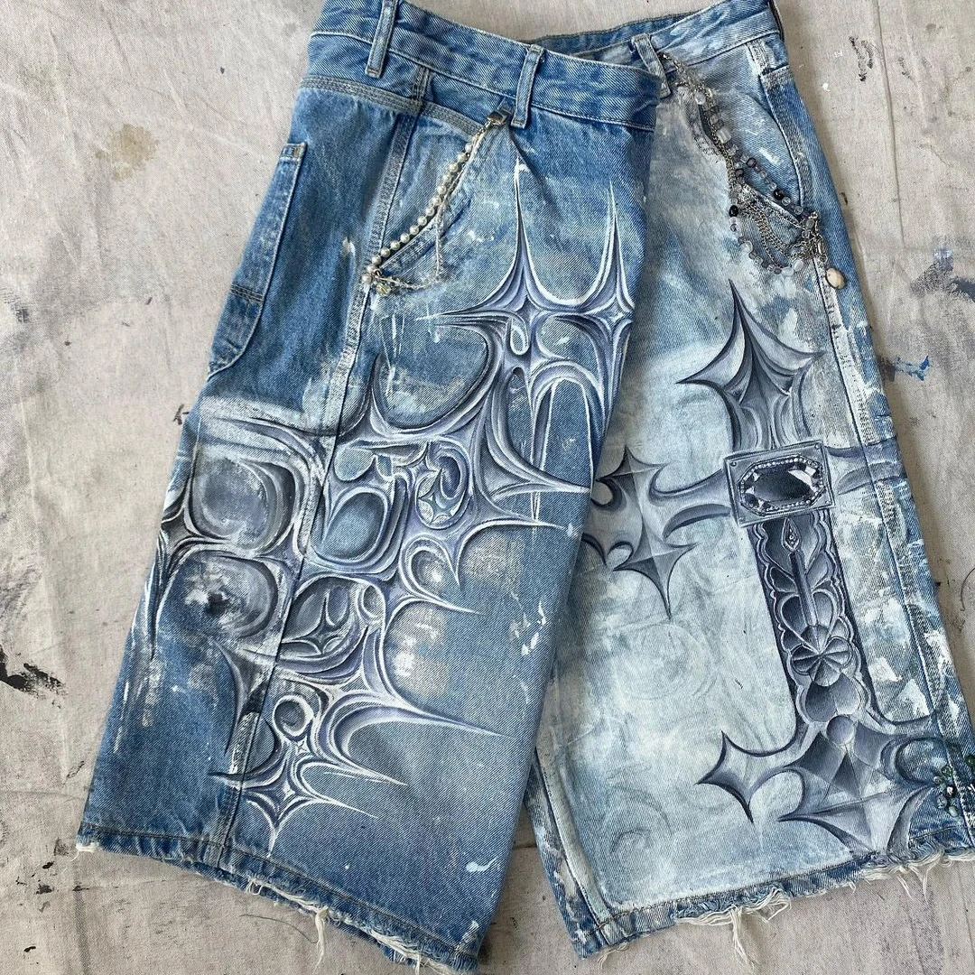 Pantalones vaqueros cortos con estampado cruzado pintado a mano para hombre, Jeans rectos sueltos de cinco puntos, pantalones cortos Y2K de Rap Hip-hop callejero, nueva tendencia gótica