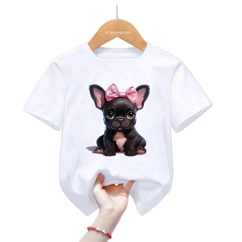 Cute Yorkie/French Bulldog/Dachshund Bow Animal Printed T Shirt Girls/Boys Kawaii Kids Clothes Summer Tops Short Sleeve T-Shirt