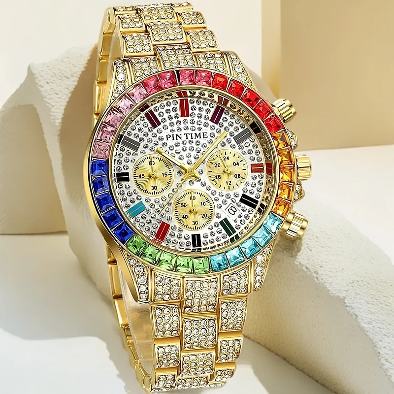 New Luxury PINTIME Brand Men Quartz Wristwatch Colored Crystal Diamond Iced Out 30m Waterproof Luminous Chronograph Popular Item