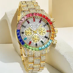 New Luxury PINTIME Brand Men Quartz Wristwatch Colored Crystal Diamond Iced Out 30m Waterproof Luminous Chronograph Popular Item