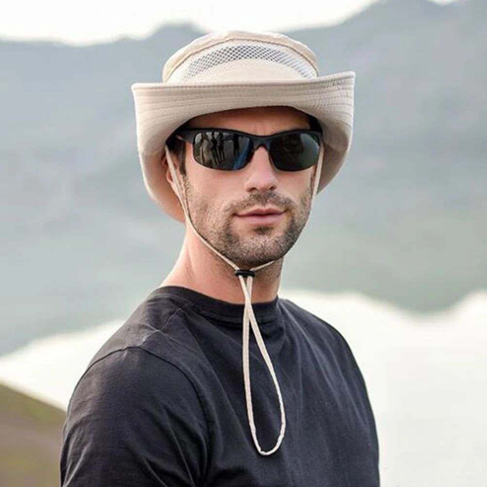 

Outdoor Sunscreen Fishing Hat Beige Polyester Wide Brim Breathable Mesh Adjustable Cord Uv Protection for Camping Hiking