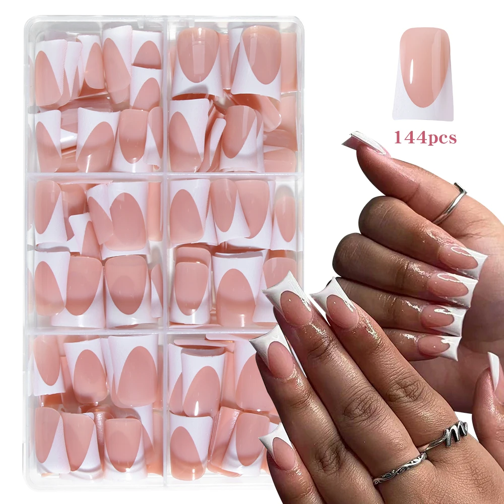 144 قطعة من أظافر البط بسيطة وكلاسيكية باللون الأبيض الفرنسي، قابلة للفصل وقابلة لإعادة الاستخدام على أظافر الأكريليك بما في ذلك مبرد أظافر واحد و
