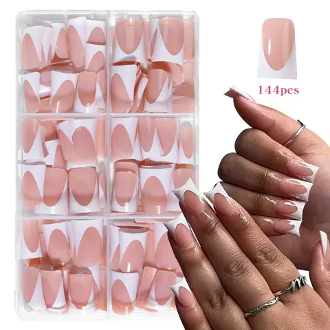 144pcs Duck Nails Simple and classic Elegance White French,Detachable reusable press on acrylic nails including 1 nail file and