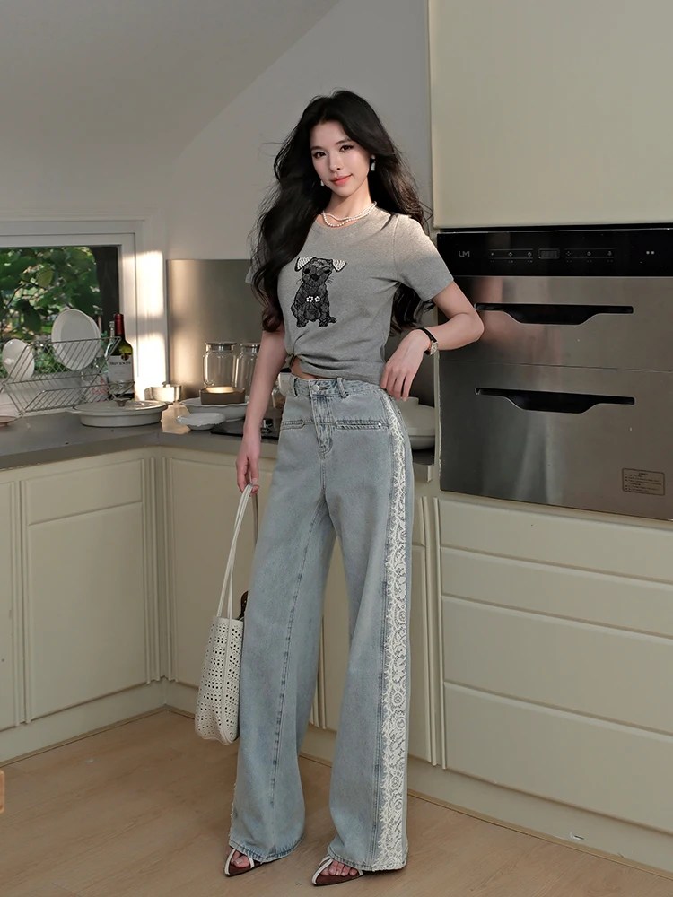 

MIUCO High Waist Wide Leg Jeans Lace Straight Leg Pants Waed Light Blue Design Sensation Beautiful Lace Loose Wide Leg Deni...
