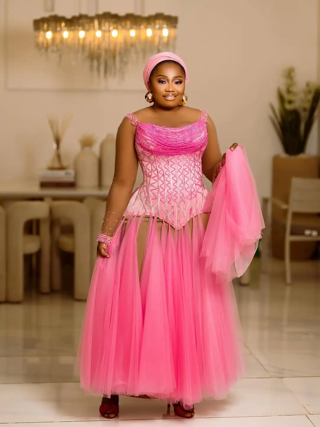 Sparkle Pink Quaste Rüschen Tüll Afrikanische Abendkleider Sheer Mesh Perlen Aso Ebi Lange Partykleider Maßgeschneiderte Robe de mariée