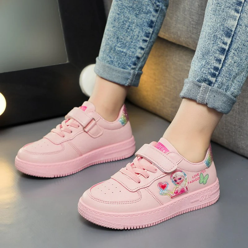 Disney scarpe Casual bianche per bambini primavera autunno scarpe sportive impermeabili traspiranti in pelle PU rosa scarpe antiscivolo taglia 25-36