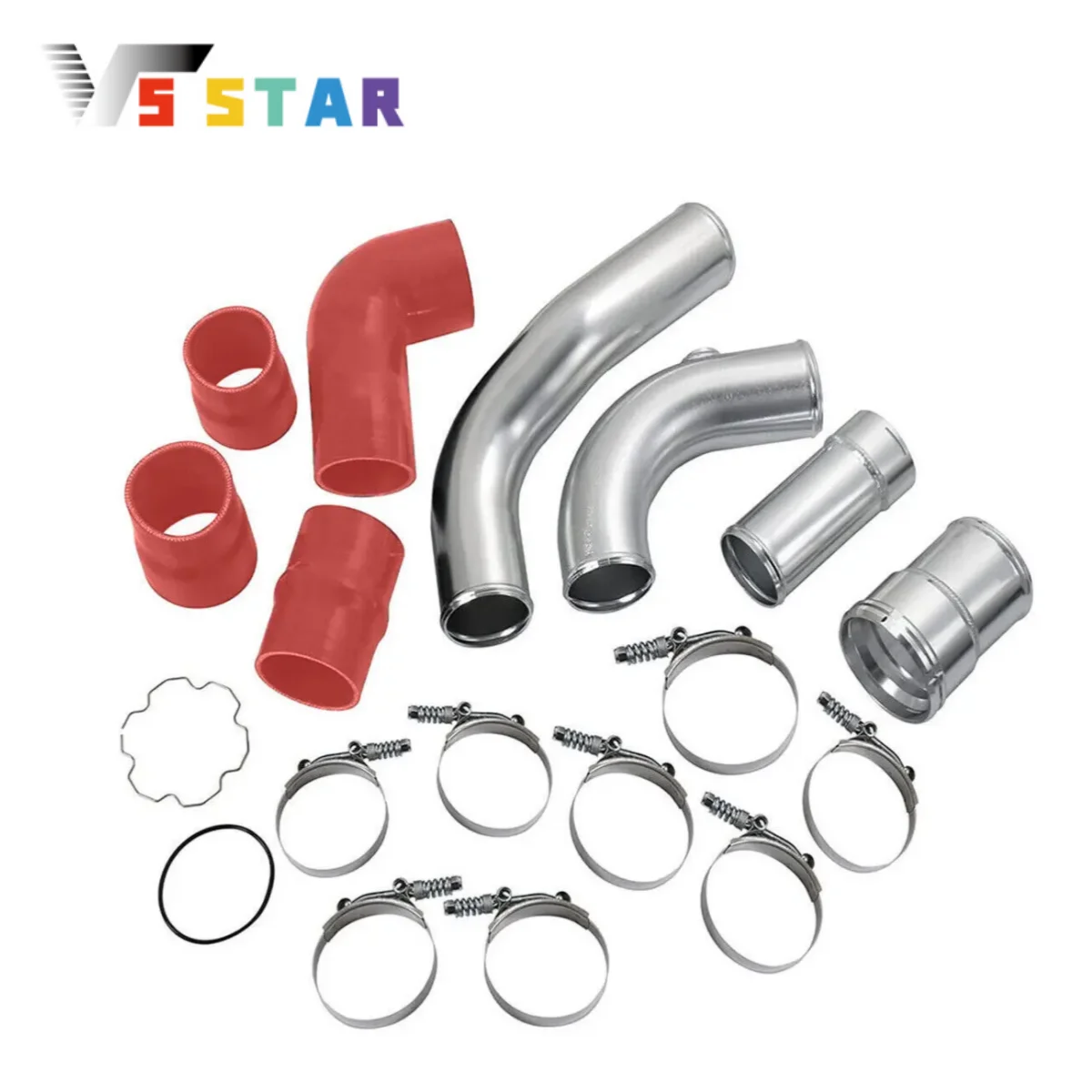 

Cold + Hot Side Aluminum Intercooler Pipe Boot Kit For 2011-2016 Ford 6.7L F-250 F-350 F-450 F-550 Diesel Powerstroke Sliver Red