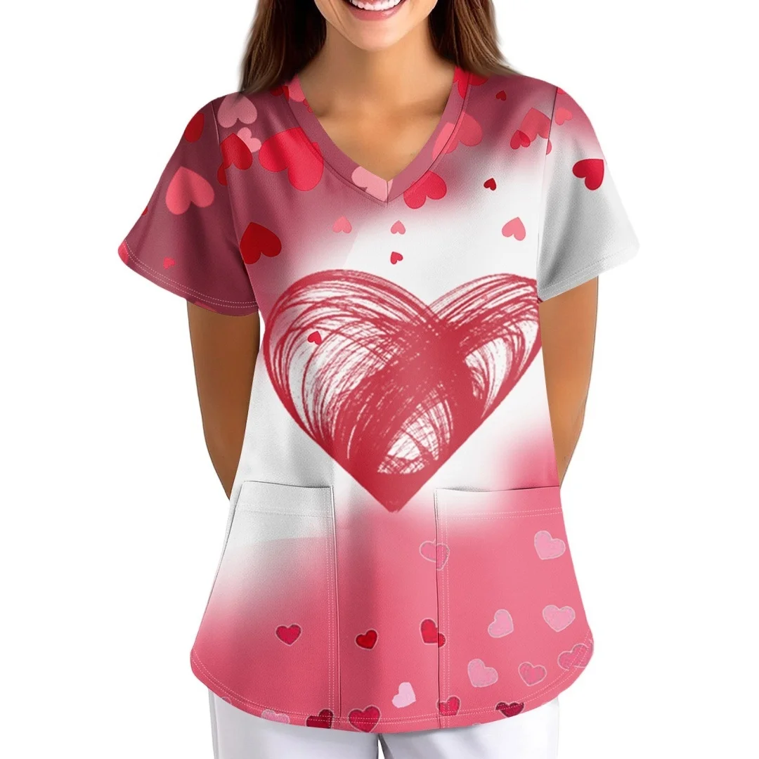 عيد الحب المرأة فرك الأعلى قصيرة الأكمام الخامس الرقبة القلب طباعة قمصان التمريض العمل موحدة 2026 الطبية فرك تي شيرت جديد