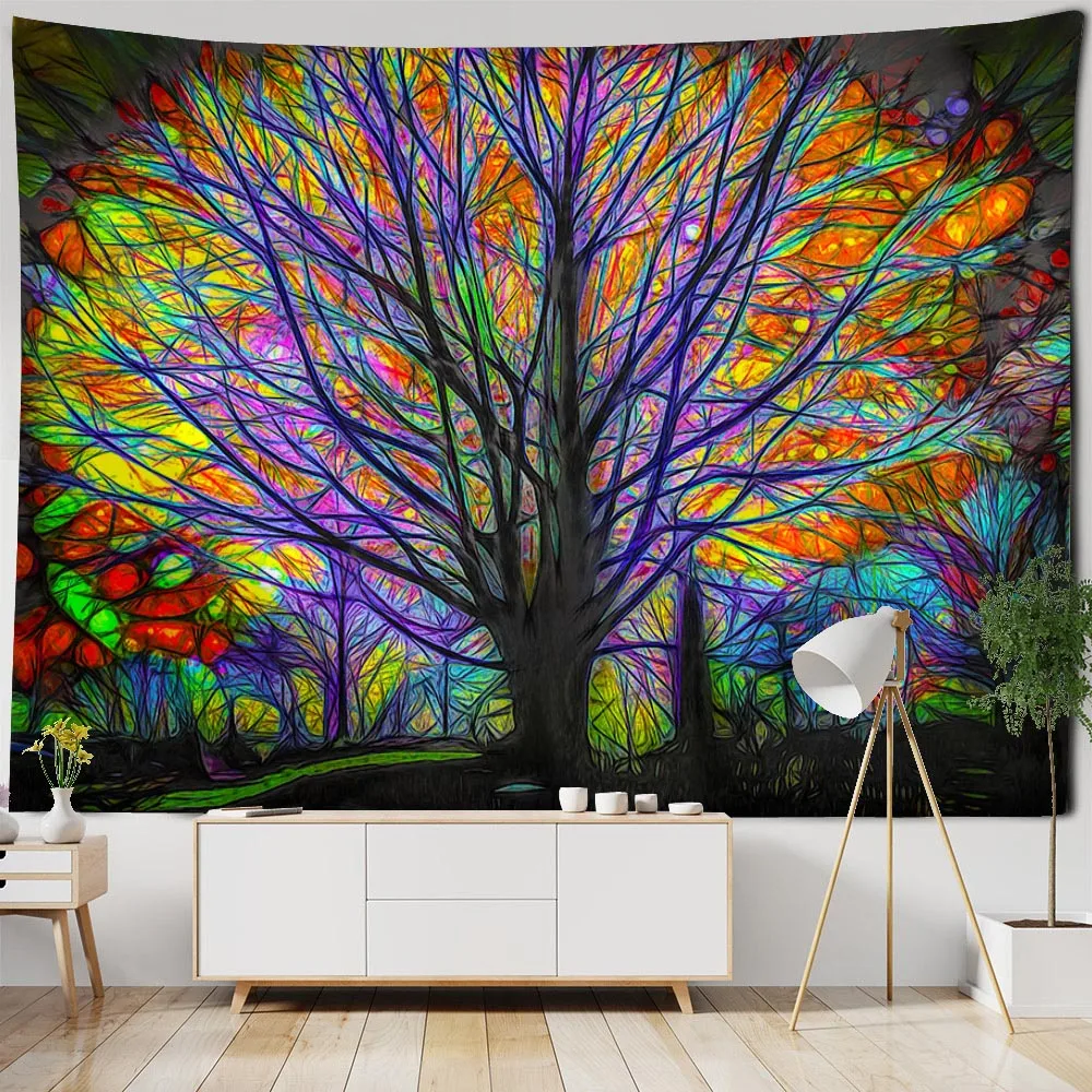 Life tree oil painting tapestry retro home decoration wall hanging Bohemian hippie living room bedroom office wall decoration