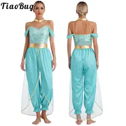 Womens Belly Dance Costume Sleeveless Shiny Sequin Gems Adorned Arabian Princess Romper Jumpsuit Halloween Dress Up Costumes