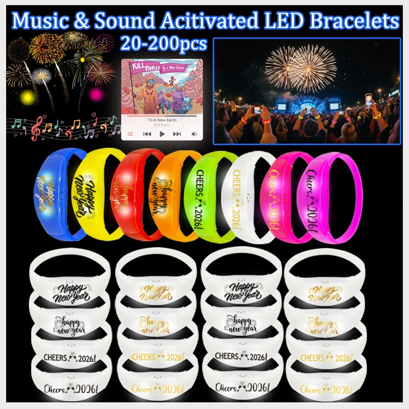 

20-200Pcs New Years Eve Party LED Bracelets Music & Sound Activated Light up Bracelets for New Year Decorations Party Supplies