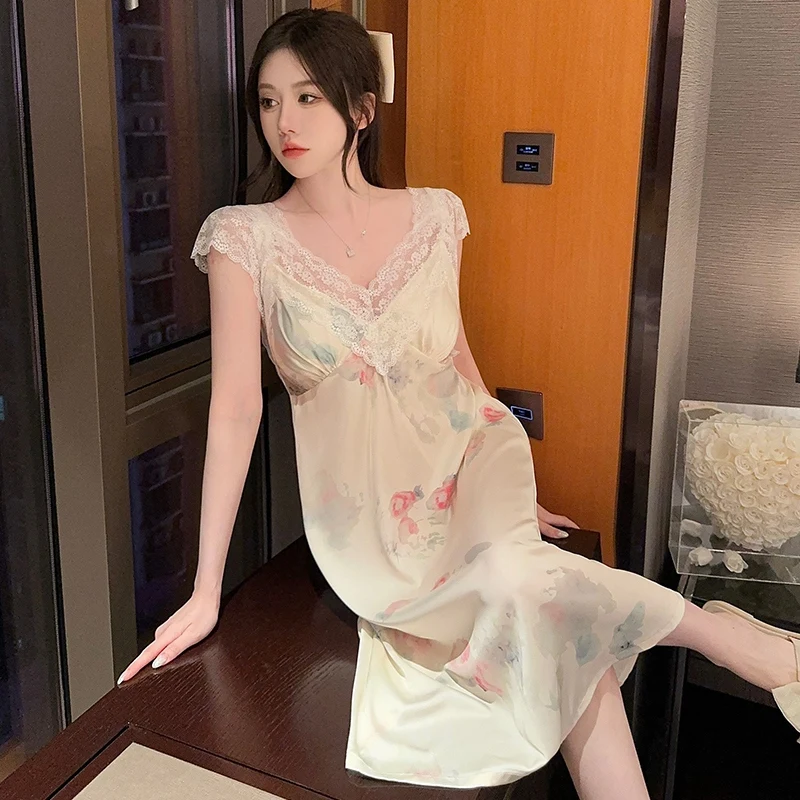 2024 Summer Silk Satin Sexy Lace V-neck Lingerie Nightgowns For Women Korean Print Sleepwear Night Dress Nightdress Home Nighty