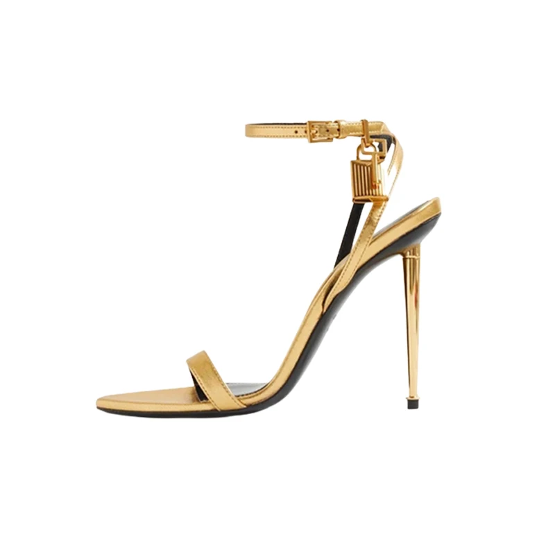 New Sexy Gold Padlock High Heel One Word Buckle Open Toe Thin Heels Leather Shoes Ankle Strap Gladiator Sandal