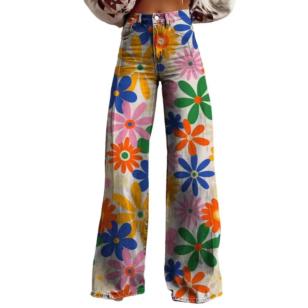 

Breathable Women Bottoms Vintage Floral Print High Waist Wide Leg Pants for Women Retro Button Fly Trousers with Pockets