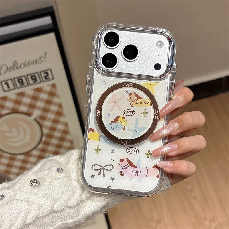 

Cute Cartoon Rocking Horse Phone Case For iPhone 17 16 15 14 Pro Max Magnetic Star Bow for MagSafe Grip Stand Protective Cover G