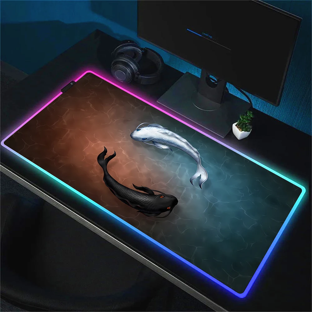 Imagem -04 - Grande Rgb Koi Fish Art Mouse Pad Tapete de Rato Led Yin Yang Gamer Mousepad Tapete de Mesa de Teclado 30x70 Xxl Gaming Mousepad com Retroiluminado