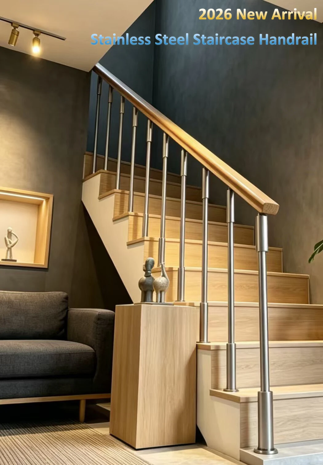 

2026 New Arrival Stainless Steel Staircase Handrail Kit Silver Porch Stair Railing with Installation Transitional Hand Rails