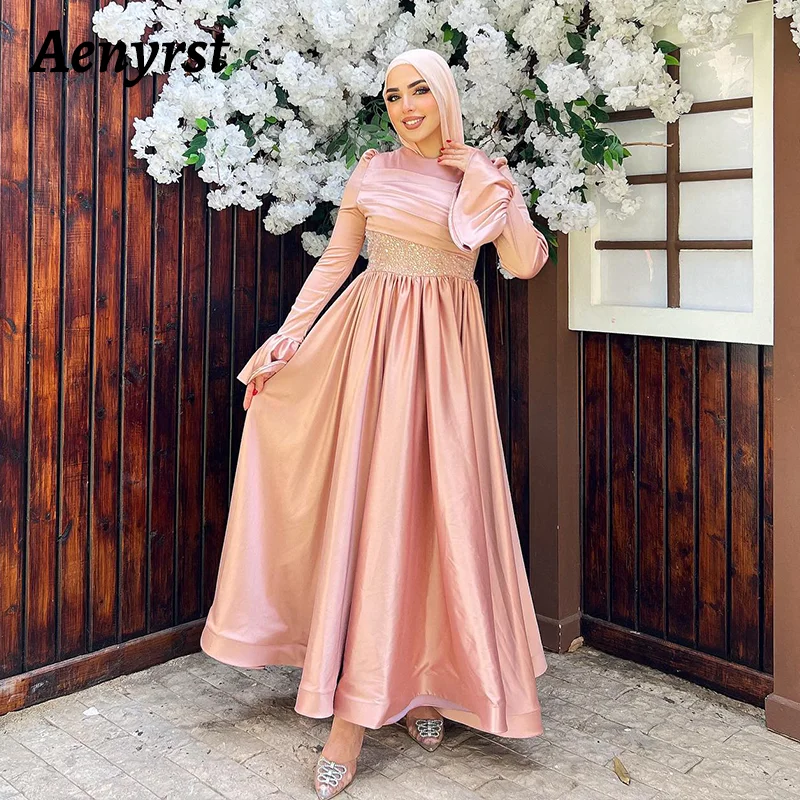 

Aenyrst Saudi Arabia Elegant Muslim A-line Prom Dress Women O-neck Beaded Party Evening Gowns Floor Length Special Occasion Gown