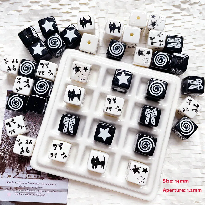 

Black White Sweet Acrylic Loose Beads 14mm Square Star Cat Printed for DIY Jewelry Making Necklace Bracelet Earrings Accessories