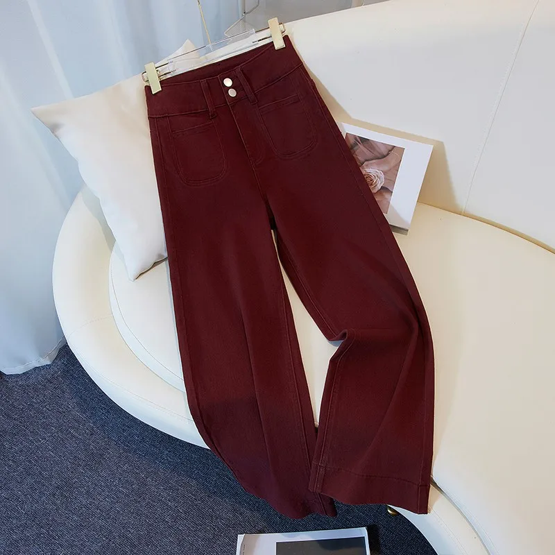 

Джинсы прямого кроя с эффектом похудения, с высокой талией, укороченные, с двойной отделкой, женские модные широкие джинсы, осенняя новинка