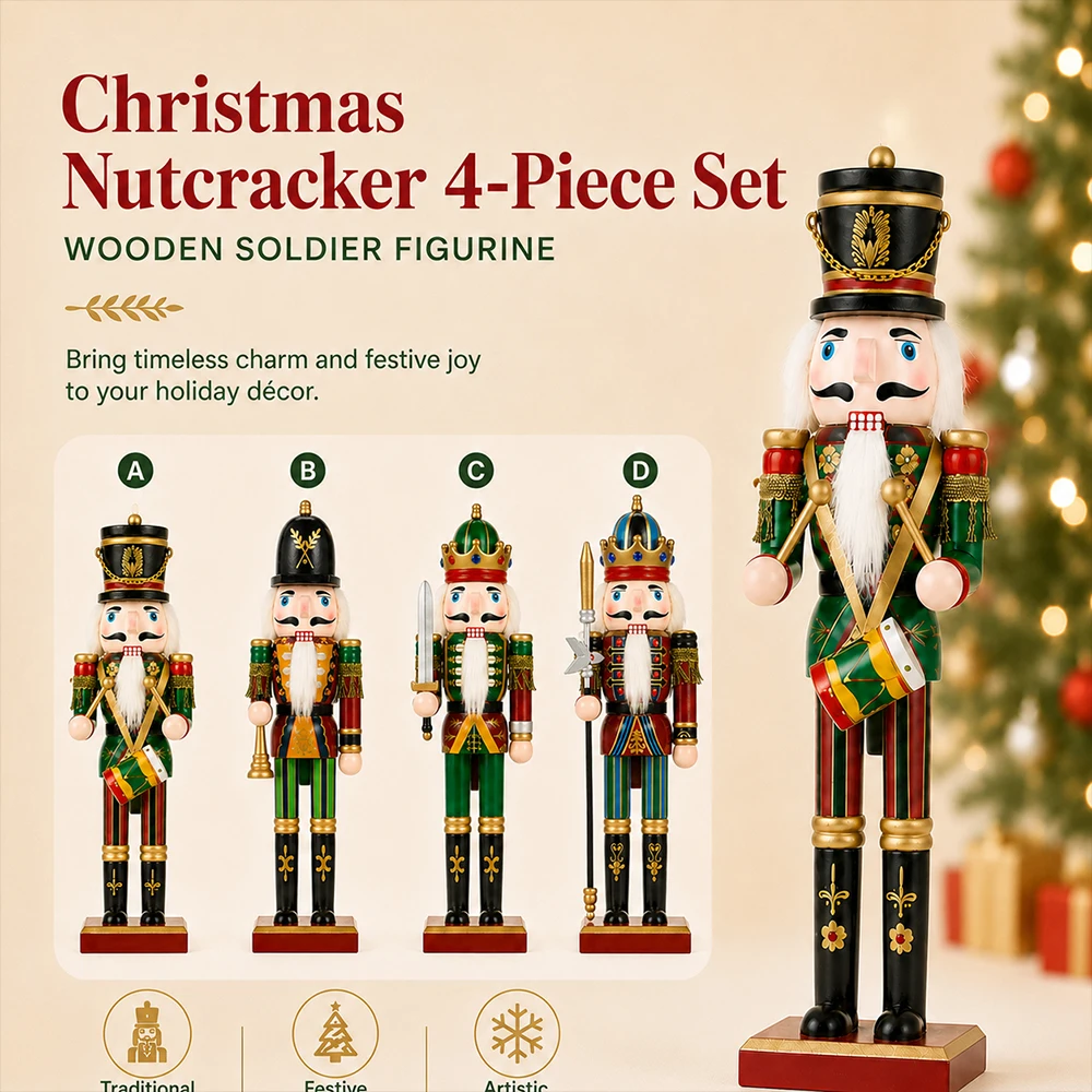 30CM Wooden Nutcracker Christmas Decorations Soldier 4Pcs Handmade Dolls Table Decorations Home Office Christmas Gifts Friends