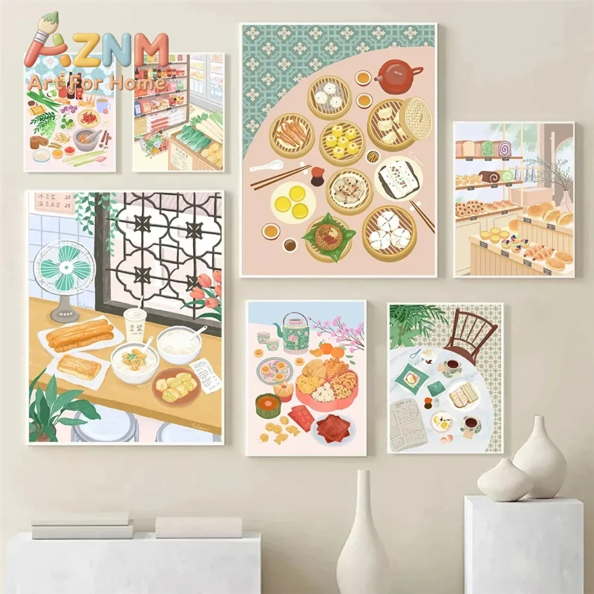1pc Frameless Canvas Retro Chinese Asian Food Illustration Grocery Store Dim Sum Coffee Poster Wall Art Pictures Home Room Deco