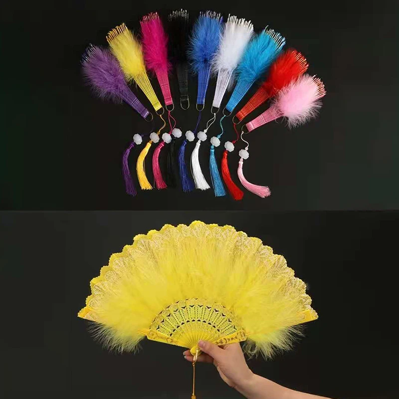 New-Lolita Feather Folding Fan Japanese Girl Dark Gothic Court Dance Hand Fan With Pendant Gift Wedding Party Decoration
