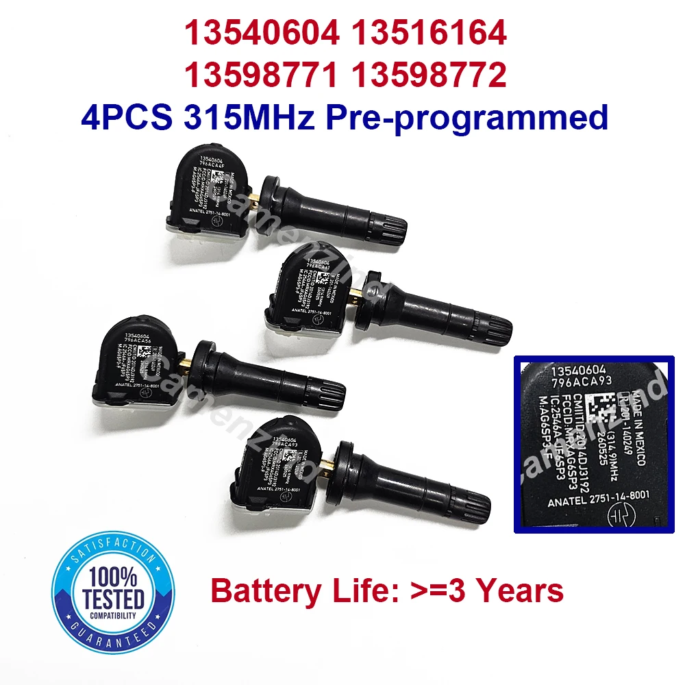 4PCS 13540604 13516164 13598772 13598771 315MHZ Tire Pressure Sensor For Cadillac ATS CT6 CTS ELR Escalade SRX XT6 XTS Car TPMS