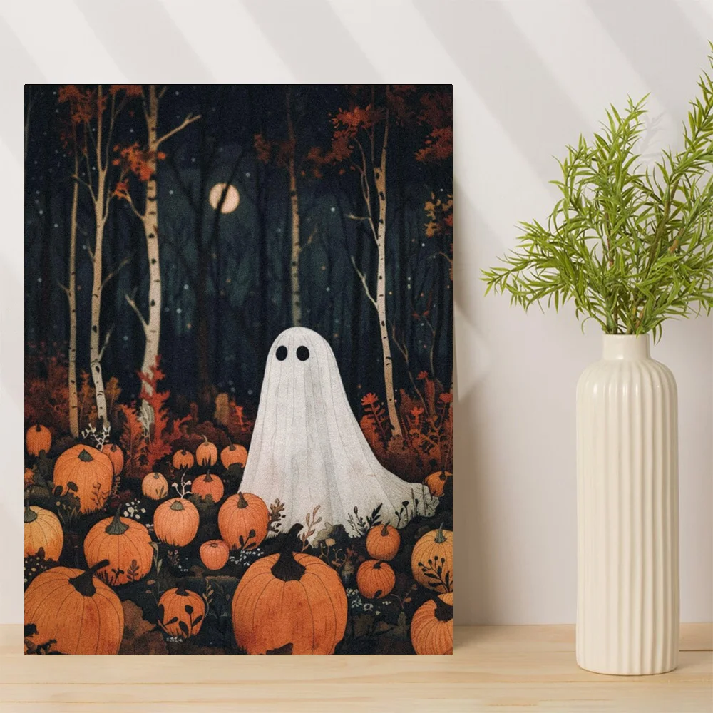 1pc, Halloween ghost night, pumpkin heads all over the ground, home canvas painting, Modern Canvas Wall Art,  Framed, 12x16inch