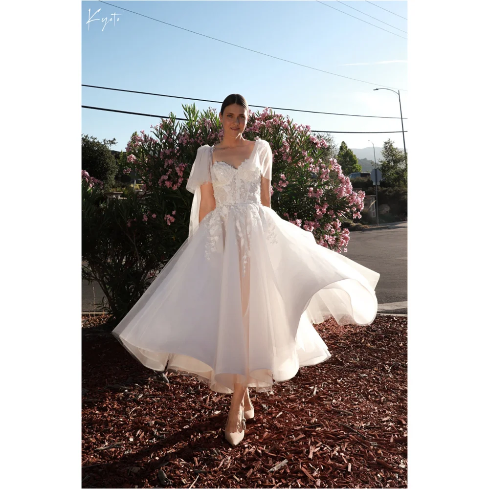 

Kyoto Customize Ivory Floral Tea-length Wedding Dress Short Sleeves Ball Gown vestidos de novia Fairy Lace-up Evening Dresses
