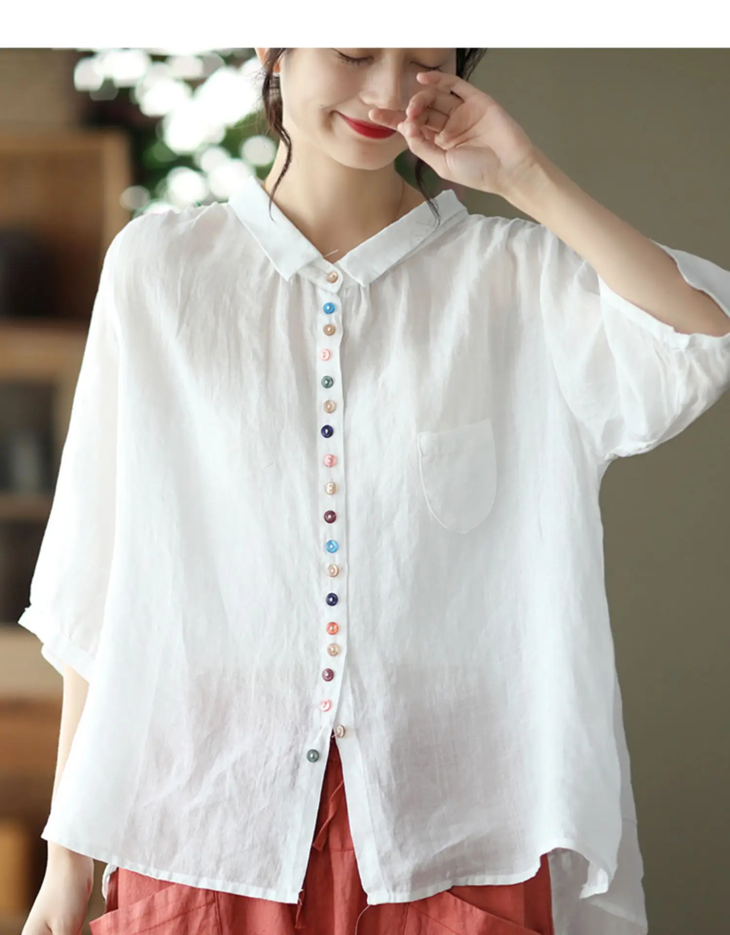 Retro Flachs irt Ele Kragen Lose Top frauen Faion Sommer Marke Baumwolle Reine Farbe Pendeln Sle Taste Detail